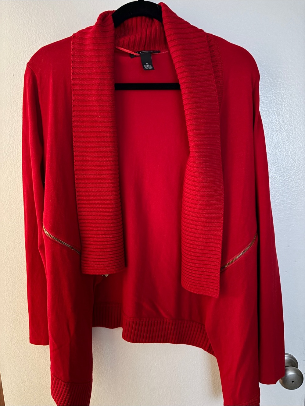 INC International Concepts Red Open-Front Cardigan with Ribbed Shawl Collar